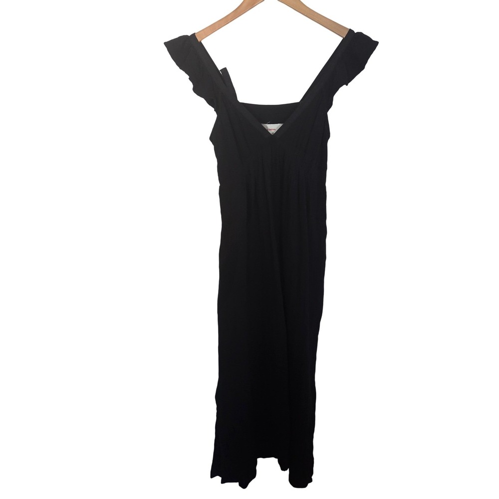 Xirena Sz XS Black Cotton Gauze Ruffle V-Neck Maxi Dress Minimalist Lightweight